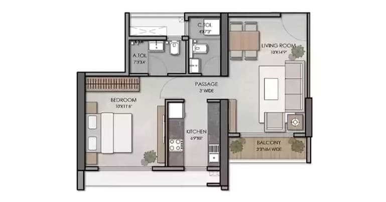 Floor Plan 1 BHK 457-477 Sq.ft.
