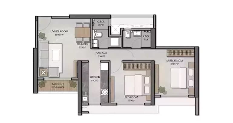 Floor Plan 2 BHK 647-663 Sq.ft.